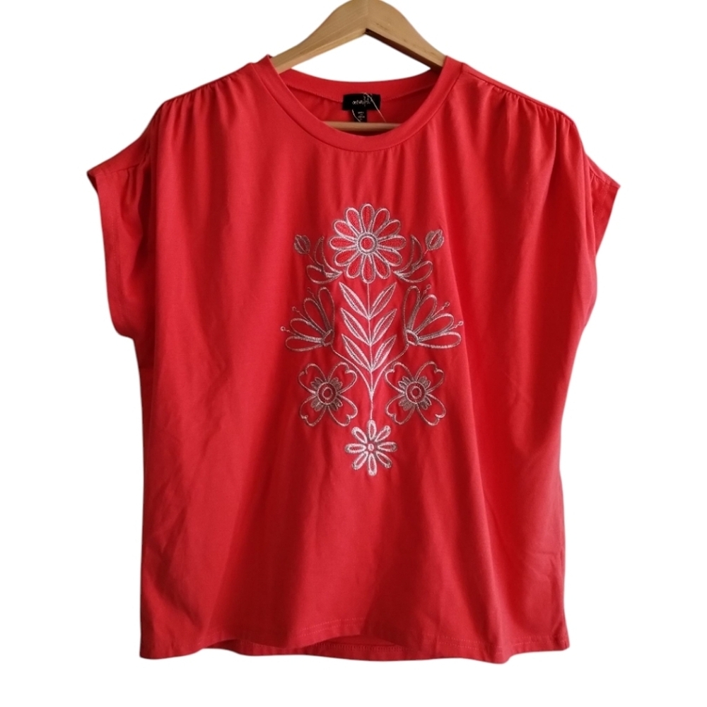 OntWelfth Women's XL Top Cap Sleeve Embroidered Gold Flower Boxy Soft